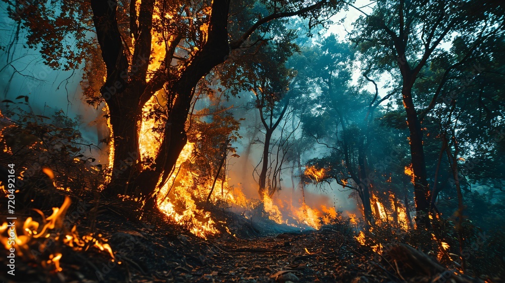 A tree engulfed in inferno, a blazing forest threatening nearby urban areas and endangering vehicles and occupants with deadly flames. - obrazy, fototapety, plakaty 