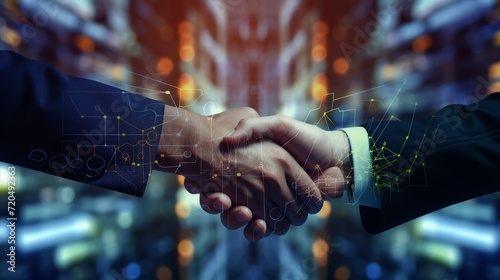 Close up of business people shaking hands against technology background, leader, teamwork, target, Aim, confident, achievement, goal, on plan, finish, generate by AI