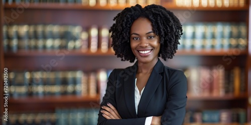 African attorney with a confident and proud demeanor working in a law firm. photo