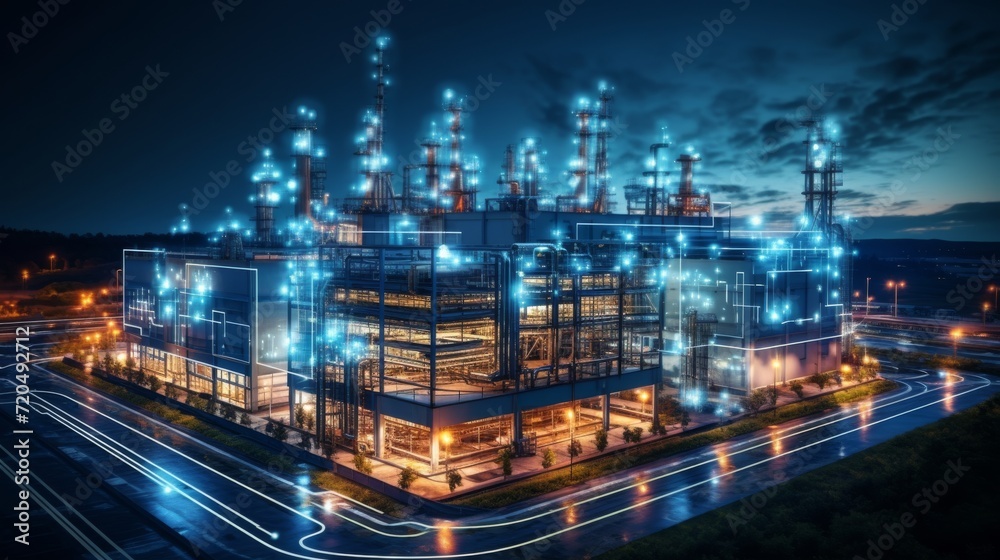 Obraz premium Modern factory, communication network. Telecommunication. IoT, Internet of Things, ICT, Information communication Technology,. Smart factory. Digital transformation, cloud connecting, generate by AI