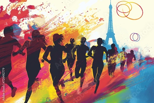 Dynamic Marathon Runners Illustrated in Vivid Colors against Iconic Parisian Backdrop