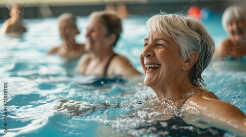 Joyful Senior Women Enjoying Water Aerobics Class in Swimming Pool - Active Lifestyle, Fitness, Wellbeing, Happiness, Aquatic Exercise, Health, Community, Recreation © Michael