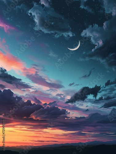 Vibrant clip art depicting a enigmatic, iridescent night sky.