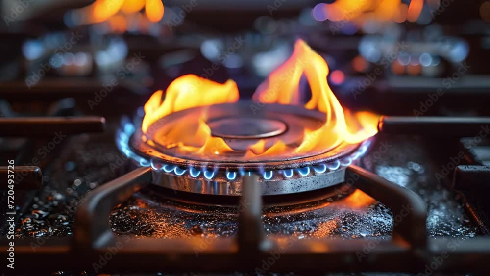 Burning kitchen gas stove fire inflaming, closeup burning burner flame