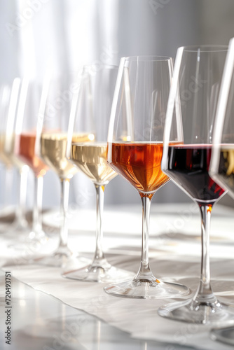 Wine tasting with several glasses filled with wine in a row in front of a neutral background