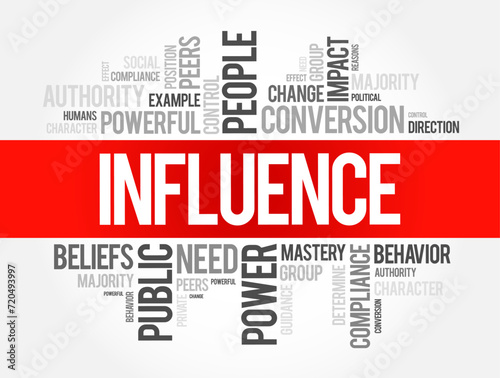 Influence - the capacity to have an effect on the character, development, or behaviour of someone, word cloud concept background