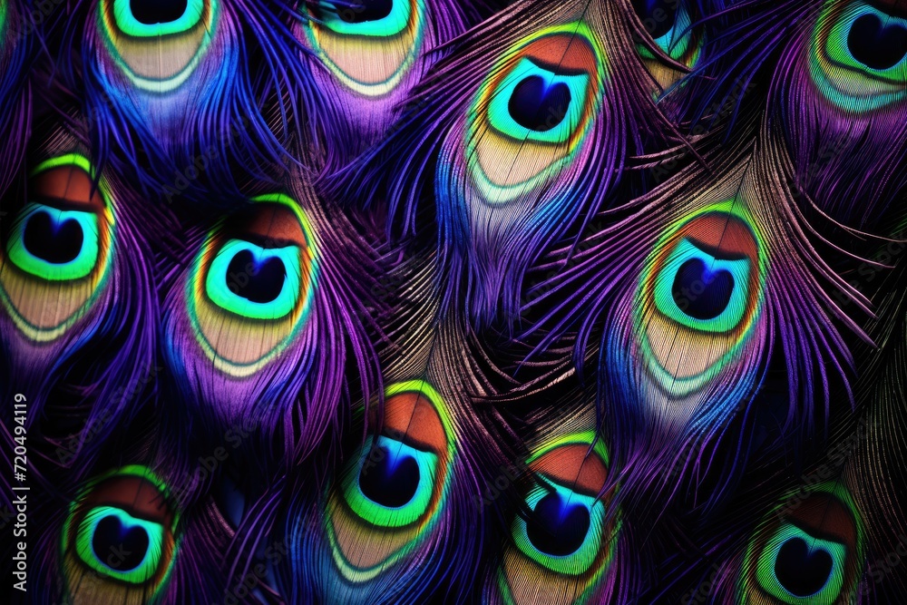 Obraz premium Peacock feather background, Abstract peacock feather, macro close up. Blue peacock feathers in closeup details, Ai generated
