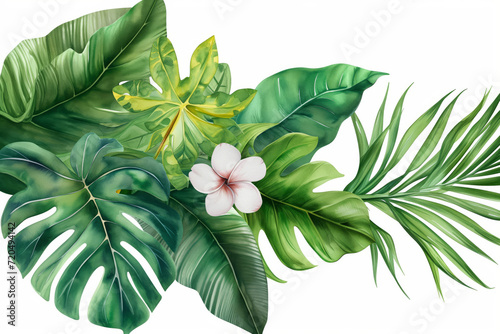 Tropical plants and flowers painted in watercolour on a white background pattern