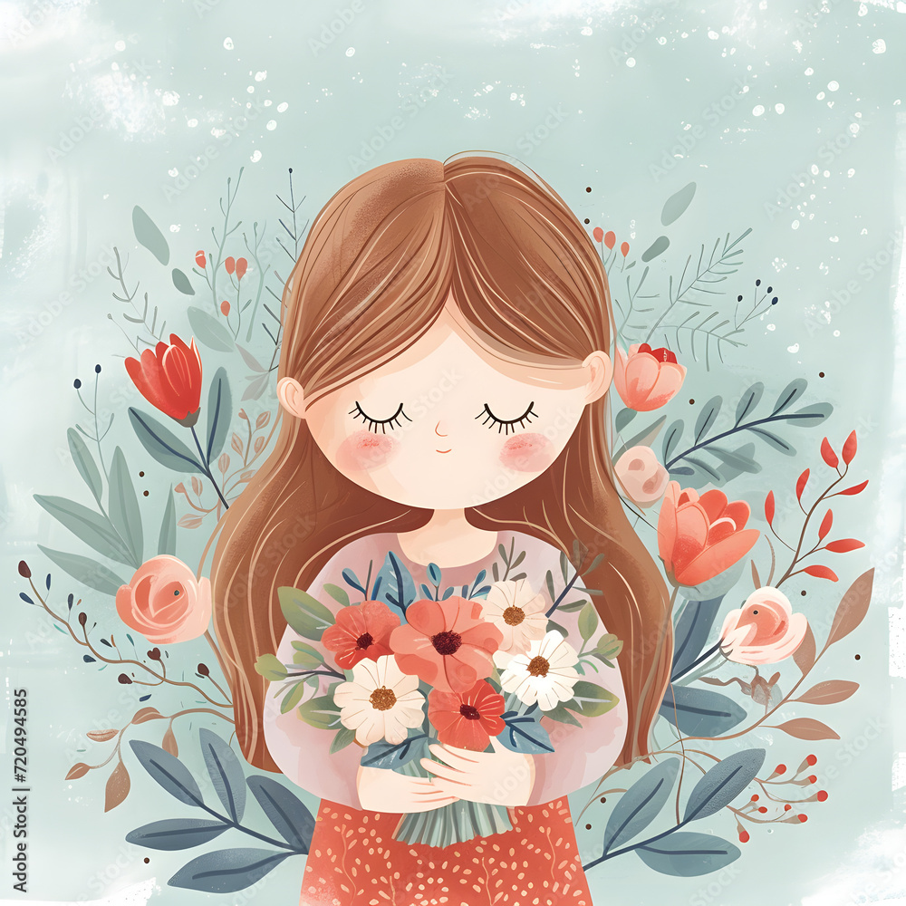 Cute woman with flowers design for Happy Woman's Day.