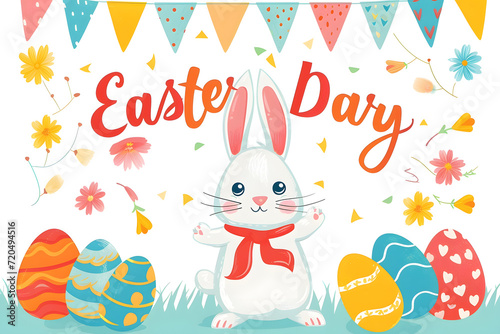 Easter bunny and easter egg greeting card with text  Easter Day  on background. 