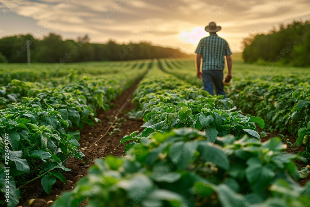 Fototapeta premium Farmer Surveying Potato Harvest in Field.