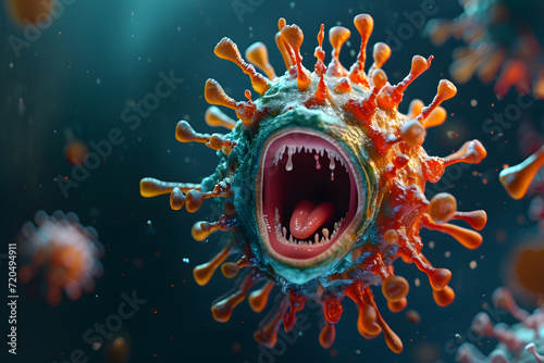 3d cell Angry coronavirus cartoon character. Virus monster with evil look