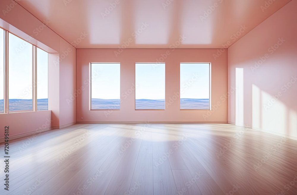A brightly lit empty peach-colored room with highlights on the walls and a wooden floor. Product presentation. A brightly lit empty peach-colored room with highlights on the walls and a wooden floor. Product presentation.