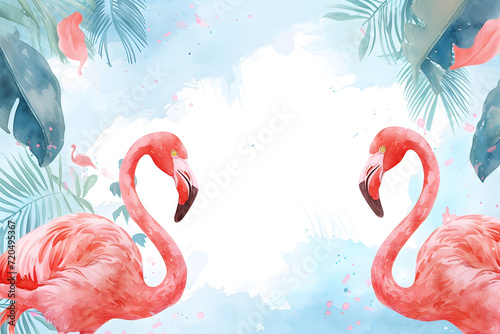 Cute cartoon flamingo frame border on background in watercolor style. photo