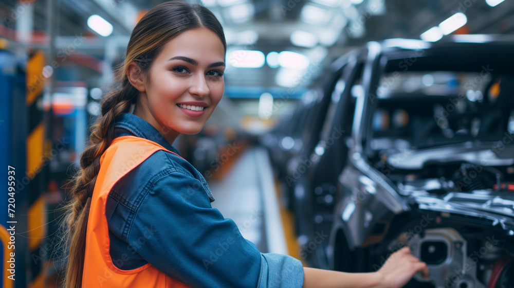 Female Automotive Worker Assembling Vehicle on Production Line - Industrial Manufacturing, Skilled Labor, Engineering, Quality Control, Automotive Industry Female Automotive Worker Assembling Vehicle on Production Line - Industrial Manufacturing, Skilled Labor, Engineering, Quality Control, Automotive Industry