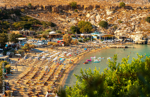 Sunny Lindos beach on the island of Rhodes in Greece.