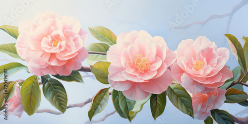 Romantic Camellia Blossom  Delicate Beauty and Elegance in Pink  Captured Closeup on Green Leaves for a Floral Wallpaper Background