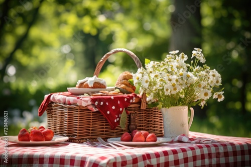 Picnic basket on the tablecloth in summer garden  Summer picnic background. Cute Wicker basket with foods  fruits. the tablecloth on the grass  Ai generated