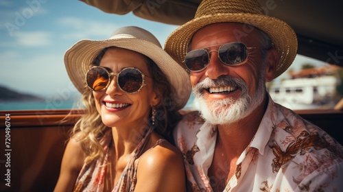 Smiling, joyful couple on a yacht for a summer holiday in Bali, enjoying their retirement and love.