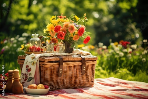 Picnic basket on the tablecloth in summer garden, Summer picnic background. Cute Wicker basket with foods, fruits. the tablecloth on the grass, Ai generated