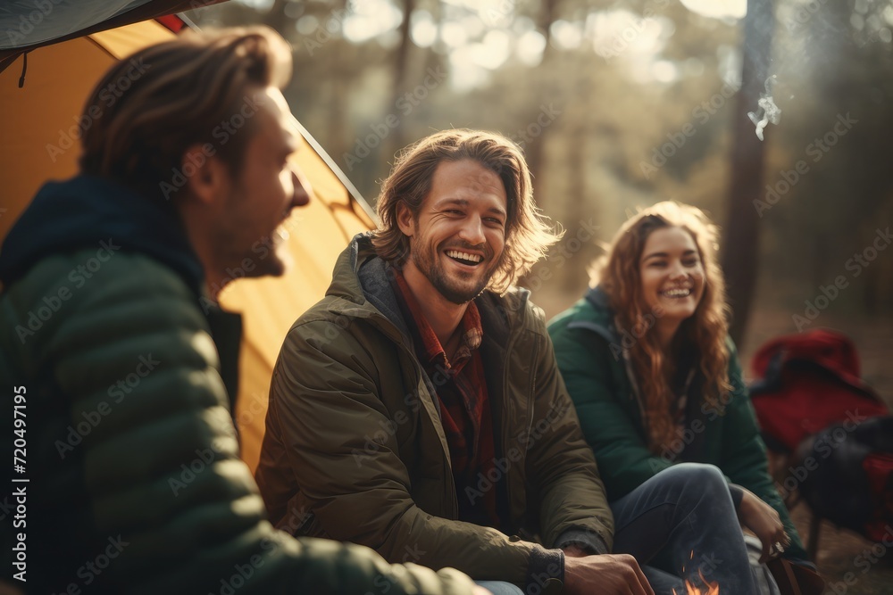 Cinematic shot, beautiful smiling four person, camping, shot from movie, cinema composition shot, professional color grading, epic volumetric lighting, sharp focus, film grain, 