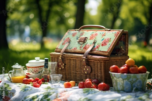 Picnic basket on the tablecloth in summer garden, Summer picnic background. Cute Wicker basket with foods, fruits. the tablecloth on the grass, Ai generated
