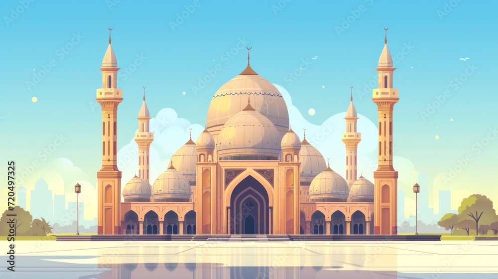 Illustration of beautiful architectural design of Ramadan concept of innovative Muslim mosque with beautiful sky in high resolution and quality