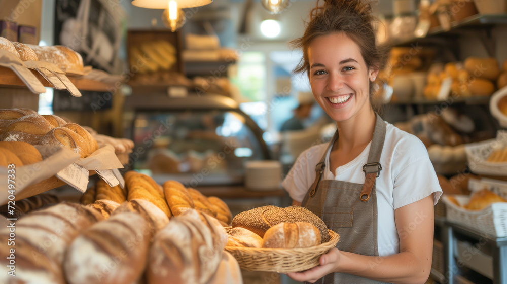 Friendly Bakery Service with Smiling Staff Handing Over Fresh Bread - Customer Satisfaction, Local Business, Fresh Produce, Artisanal Food, Community Shop
