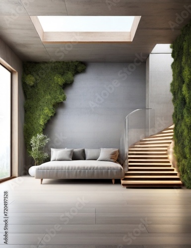Modern contemporary loft empty room with nature view 3d render There are wooden stair plank wall and ceiling and blank concrete wall for copy space.