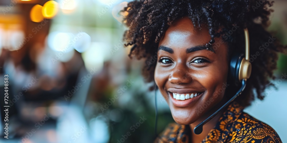 Smiling black customer support representative in call center with headset, gazing at camera with blank area. - obrazy, fototapety, plakaty 