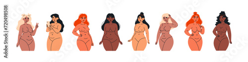 Curvy plus size women. Chubby female characters different body shapes skin tones, cartoon diversity, body positive and feminism concept. Vector isolated set