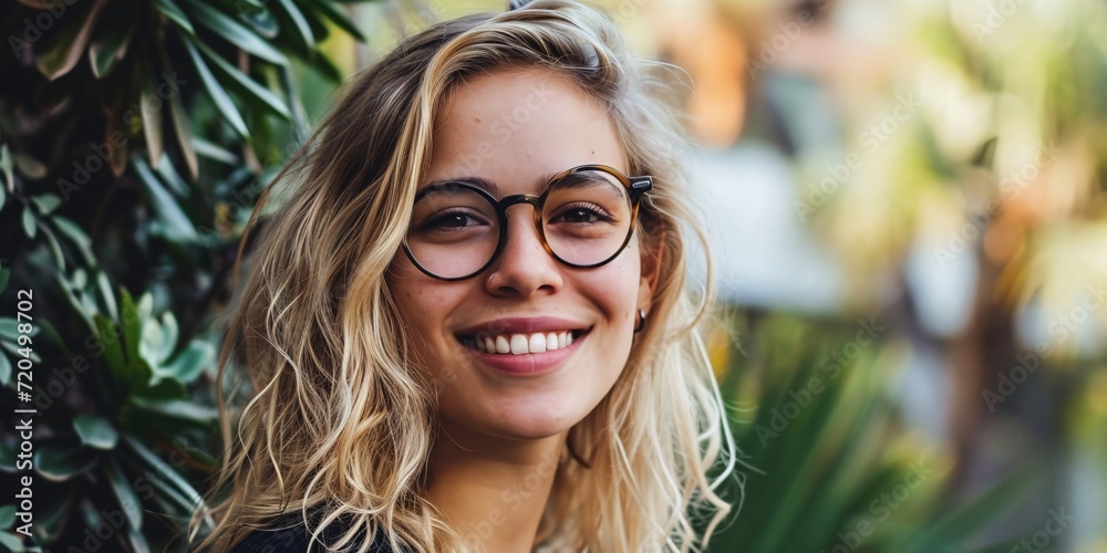 Attractive blonde woman from Uruguay wearing glasses outdoors with a cheerful look.