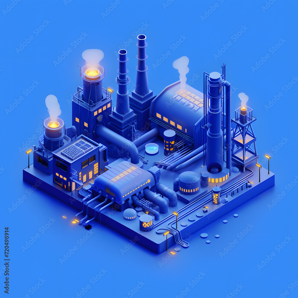 Isometric set representing factory building with pipes, truck, goods coming from conveyor Isometric set representing factory building with pipes, truck, goods coming from conveyor