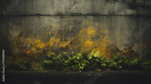 Old wall background with yellow due and plants photo