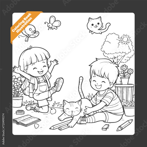 Vector cute coloring book illustration of kids playing  with cat