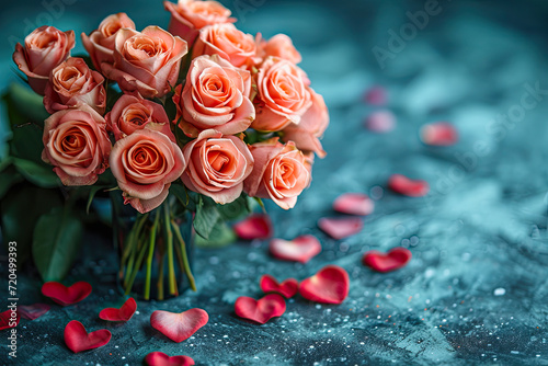 Whispers of Romance  Luxurious Coral Roses Bouquet on Teal Bokeh - Dewy Petals   Red Accents for Valentine s Day Elegance - Ai Generated