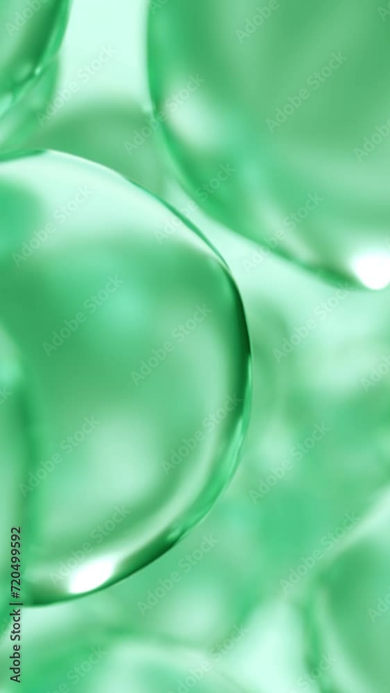Essential cosmetic oil bubbles floating in water. Green liquid sphere shaped, fluid flow background. Moisturizing hydrating collagen cream. Skin care serum beauty care vitamin concept 3d animation Essential cosmetic oil bubbles floating in water. Green liquid sphere shaped, fluid flow background. Moisturizing hydrating collagen cream. Skin care serum beauty care vitamin concept 3d animation