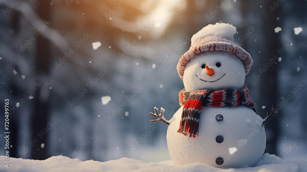Fototapeta premium Snowman in the winter forest. Christmas and New Year background II