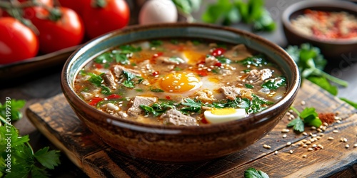 Egg and meat soup. High resolution image.