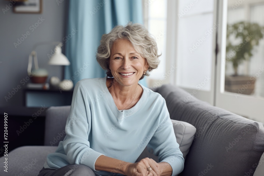 Senior woman sitting on couch smiling, in the style of light gray and azure,