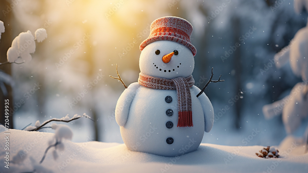 Obraz premium Snowman in the winter forest. Christmas and New Year background.