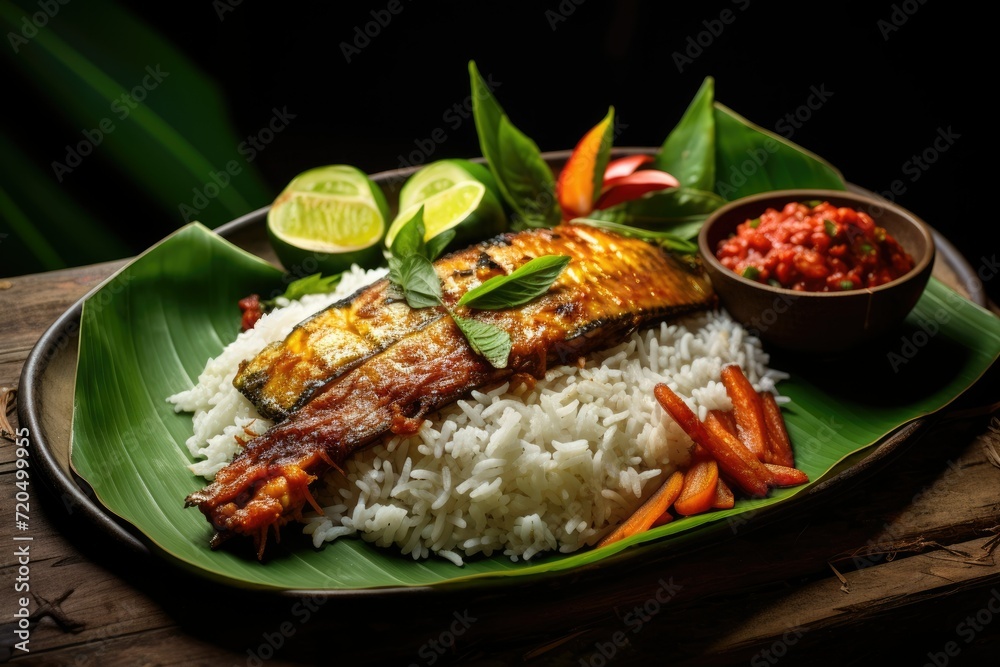 Rice with fish and vegetables on a banana leaf, Colorful Asian Traditional Meal on a Banana Leaf, Ai generated Rice with fish and vegetables on a banana leaf, Colorful Asian Traditional Meal on a Banana Leaf, Ai generated