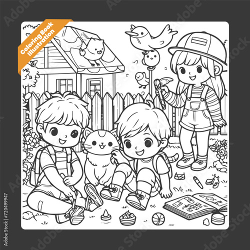 Vector cute coloring book illustration of kids playing  with cat