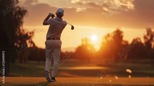Male golfer swinging club at course during sunset 