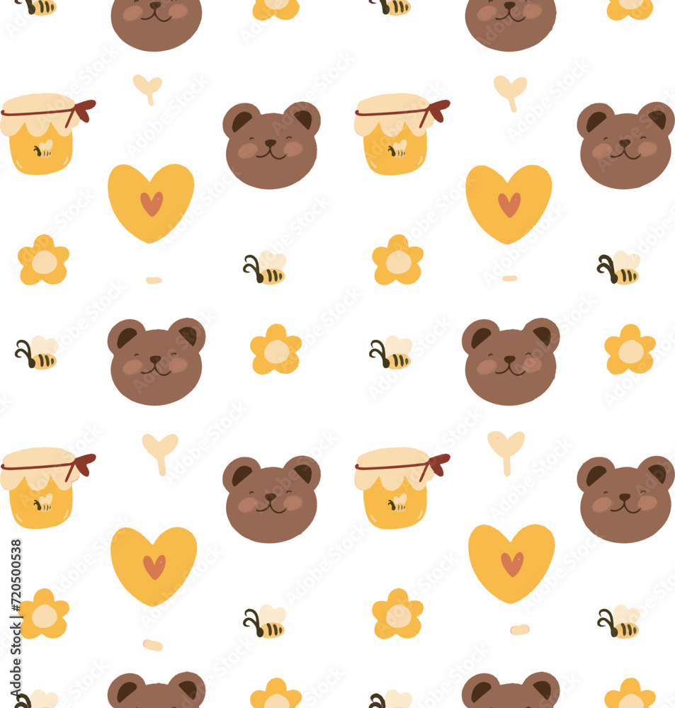 Naklejka premium Teddy bear and honey jar seamless pattern