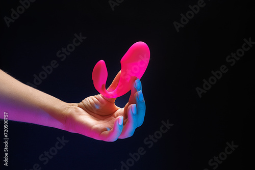 Women's hands gently hold the red colored intimate play vibrator with their fingers. Sex toy clitoral vibrator on a black background with neon lights. photo