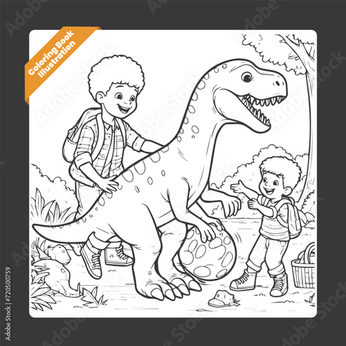 Vector cute coloring book illustration of kids playing with dinosaur
