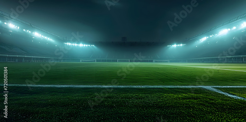 Soccer game field at night with lighhts and neon fog 