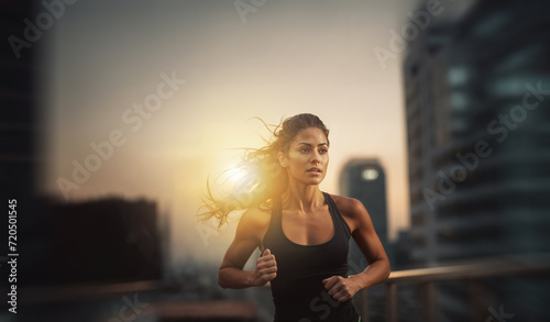 Woman running at sunset in the city