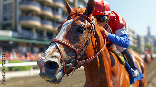 racehorse with a focused gaze and a jockey in colorful gear prepare to race on a sunny day at the racetrack